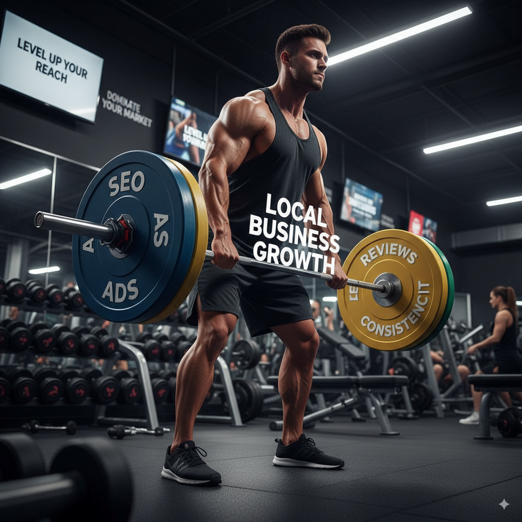 gym scene where “local business growth” is lifting weights labeled A fitness-style analogy: a gym scene where “local business growth” is lifting weights labeled SEO, Ads, Reviews, and Consistency.