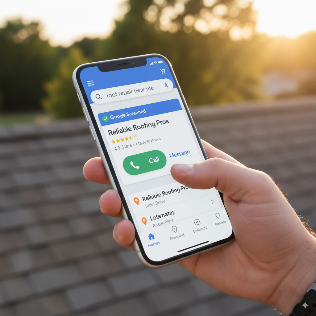 smartphone showing a Google search for “roof repair near me” A smartphone showing a Google search for “roof repair near me” with a highlighted ad that has a call button extension, ready for a tap.