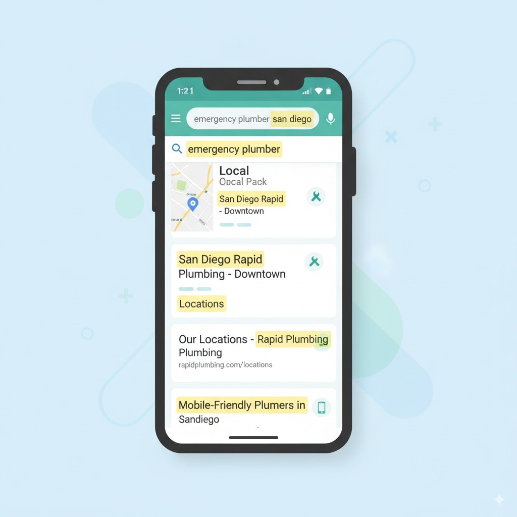 Google search results mockup Google search results mockup with highlighted elements: keywords, location pages, and mobile-friendly design, plumber icons integrate
