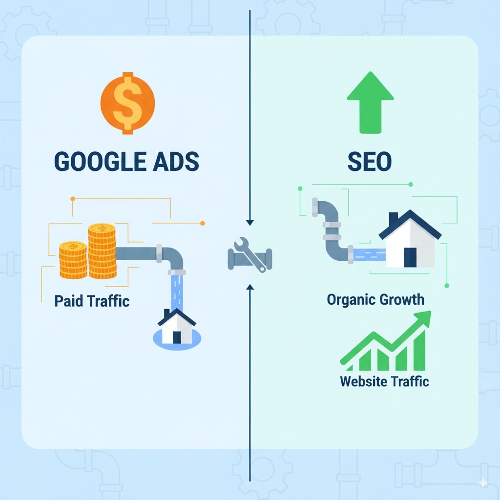 Internet Marketing vs SEO split screen infographic: left side showing Google Ads (dollar signs, paid traffic), right side showing SEO (organic growth chart, website traffic rising)