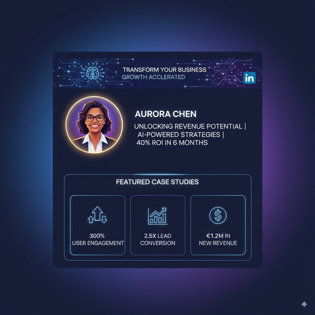 LinkedIn profile mockup glowing with optimized banner, professional headshot, benefit-driven headline, and highlighted case studies