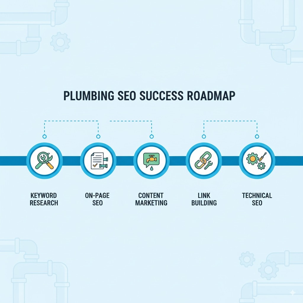 Plumbing SEO Strategy roadmap infographic with milestones labeled: keyword research, on-page SEO, content marketing, link building, technical SEO, styled with plumbing icons (pipes, wrenches)