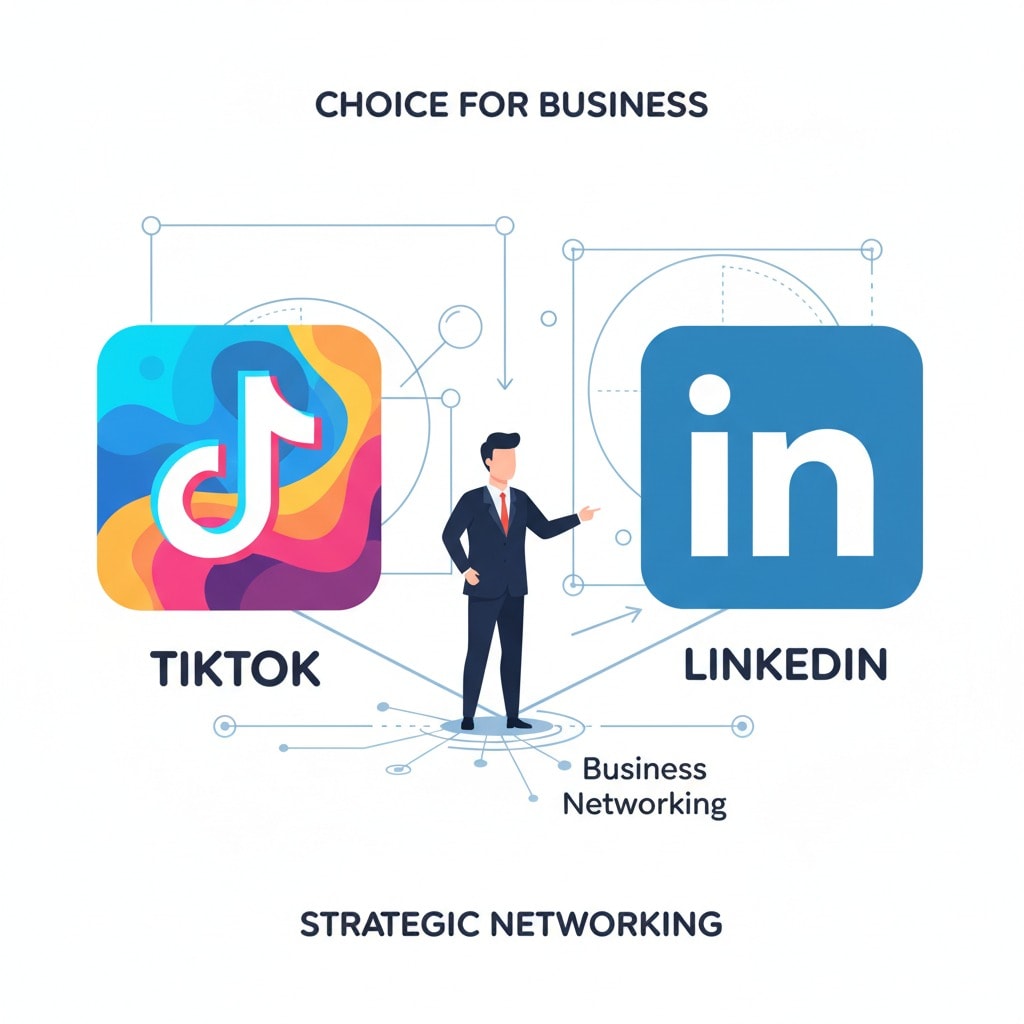 businessperson standing between two giant app icons: TikTok (colorful, playful) and LinkedIn (professional blue), choosing LinkedIn for business networking,