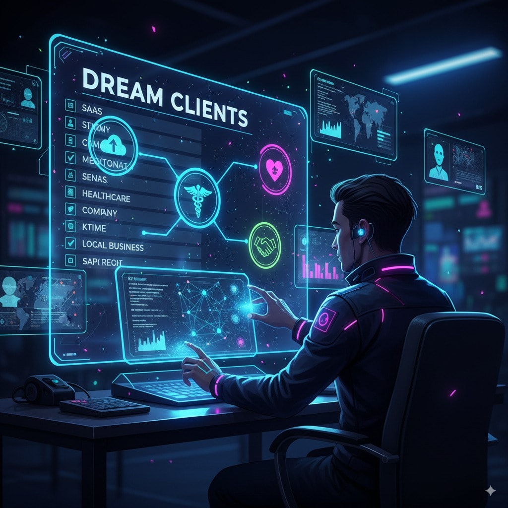 futuristic marketer using AI tools, account-based marketing board with “Dream Clients” list, niche industry icons glowing (e.g., SaaS, healthcare, local business)