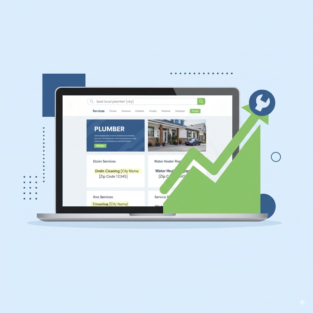 laptop screen showing a plumber website optimized with keywords like “drain cleaning [city]” and “water heater repair [zip code],” search rankings rising