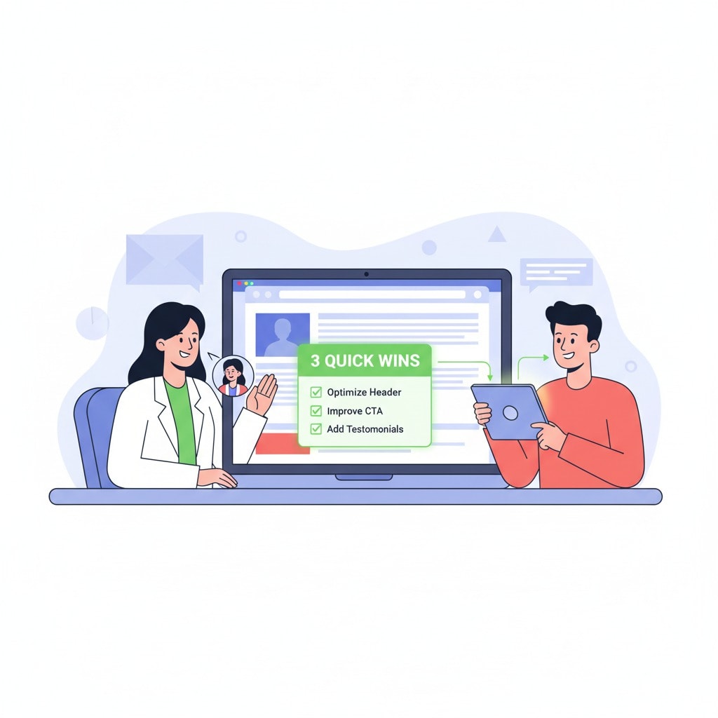 marketer recording a Loom video audit on laptop, website screen with “3 Quick Wins” checklist, client watching happily