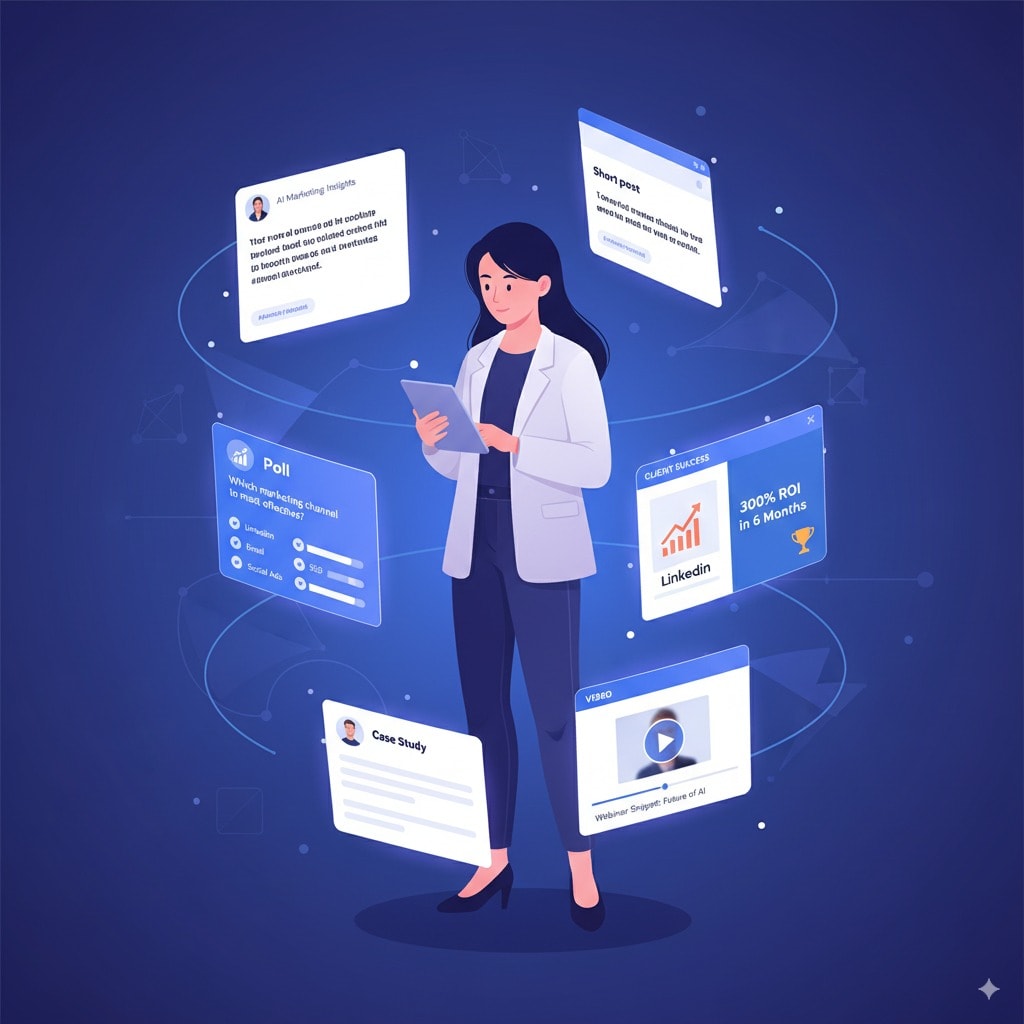 person creating multiple LinkedIn content formats: short posts, polls, case study slides, videos, all floating around like social media cards