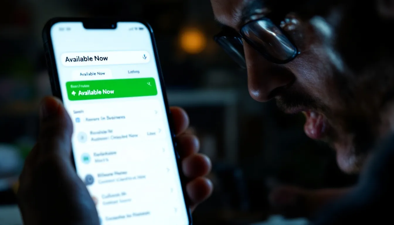 person urgently searching A person is intensely focused on their phone, searching for a "plumber near me," with one business listing highlighted as "Available Now," while other options appear grayed out. This scene illustrates the importance of local search results and effective Google Maps marketing for local businesses to attract potential customers.