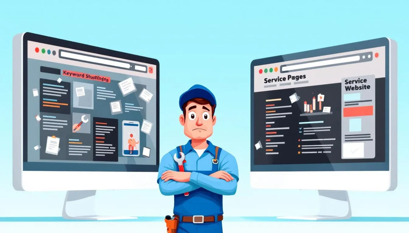 plumber confused, standing next to messy website A confused plumber stands between two contrasting websites: on one side, a messy, keyword-stuffed plumbing website with a broken mobile layout and missing service pages, and on the other, a clean, well-optimized site showcasing effective search engine optimization strategies for plumbing services. The image highlights the importance of a well-structured plumbing company's website for improving local search rankings and attracting prospective customers.