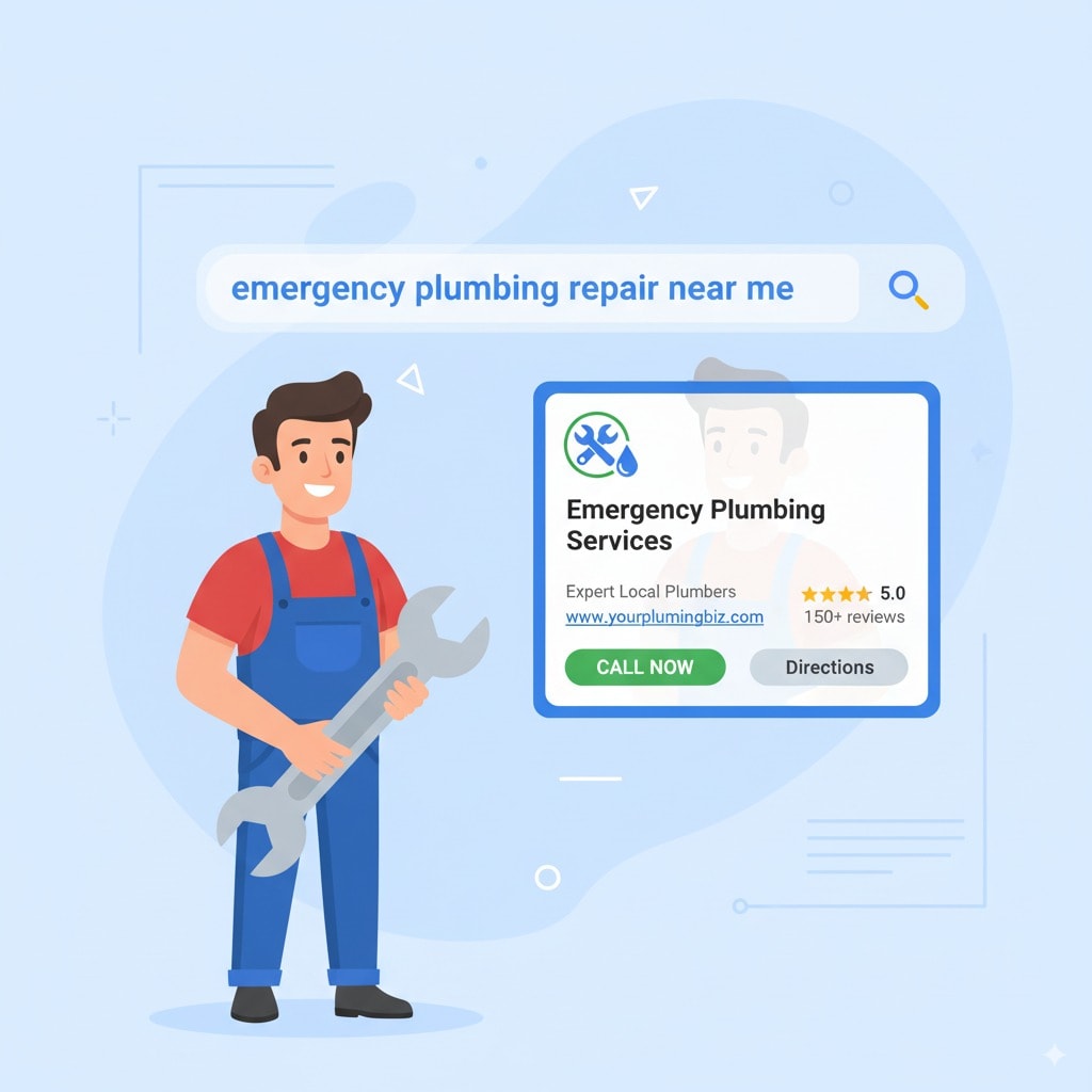 plumber holding a wrench looking at a giant Google search bar plumber holding a wrench looking at a giant Google search bar with query “emergency plumbing repair near me” and his business appearing on top