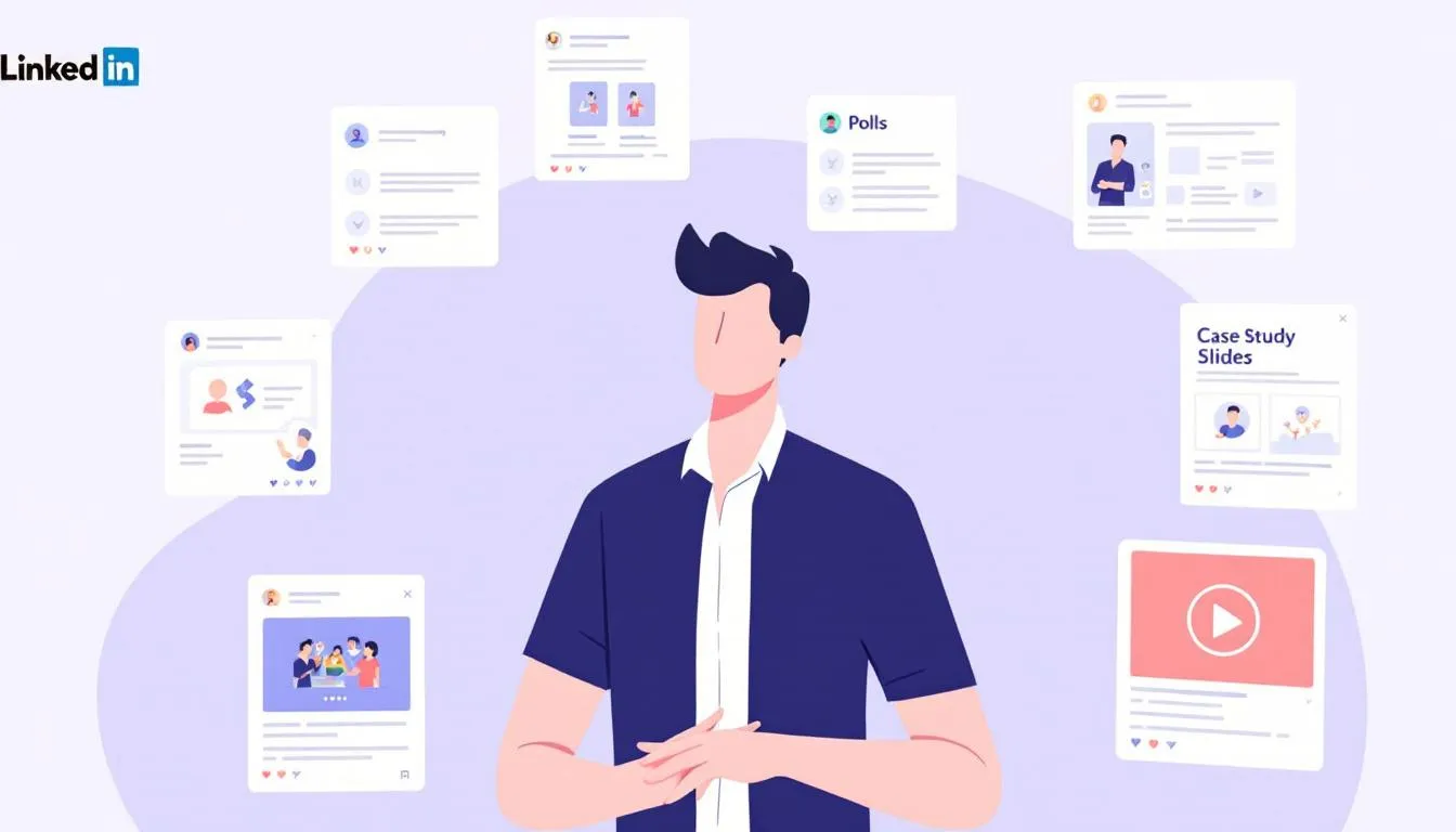 In a modern flat design, a person is depicted creating various LinkedIn content formats, including short posts, polls, case study slides, and videos, all represented as floating social media cards. This image highlights the importance of effective content marketing strategies for attracting potential SEO clients and enhancing business growth in the competitive SEO industry.