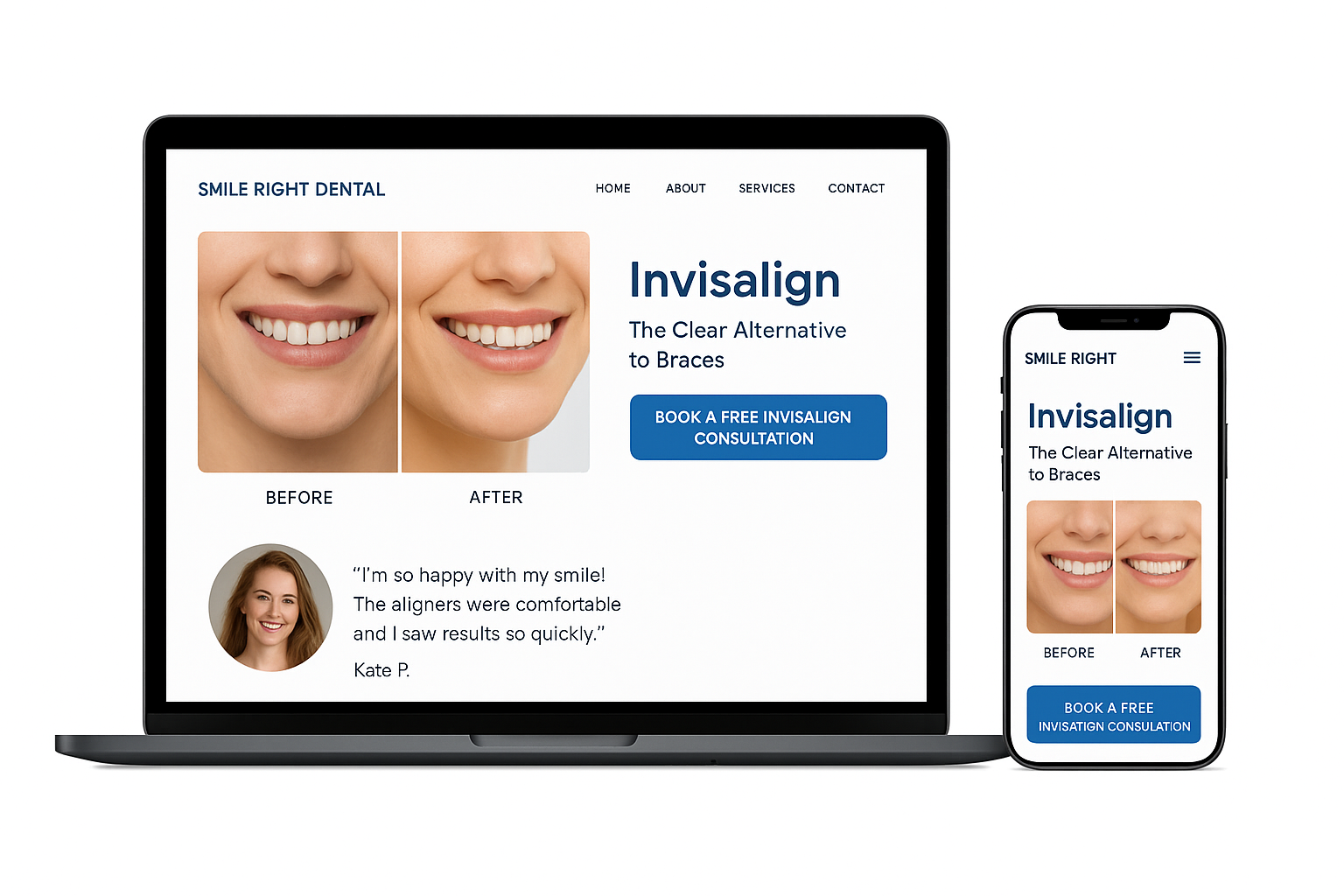 Modern dental website design mockup showing Invisalign before-and-after photos, testimonials, and a bold CTA button ‘Book a Free Invisalign Consultation’ — laptop and mobile screen side by side