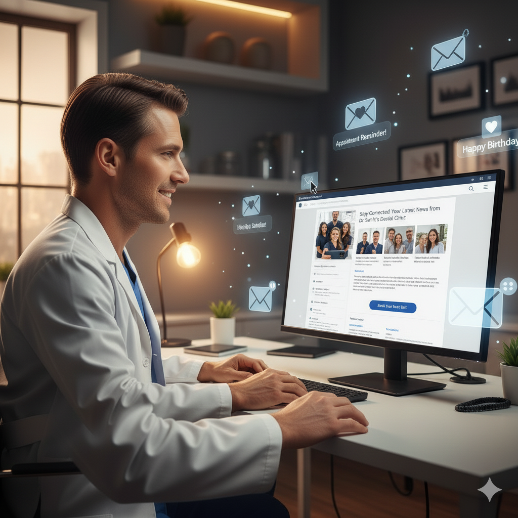 friendly dentist sending an email newsletter on a computer A friendly dentist sending an email newsletter on a computer, with floating icons of envelopes, hearts, and “Appointment Reminder” notifications. Cozy and professional environment.