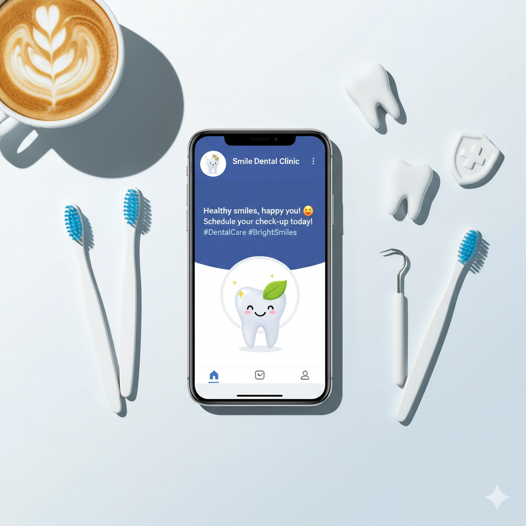 professional flat-lay image showing a smartphone displaying a dental Facebook post bright, professional flat-lay image showing a smartphone displaying a dental Facebook post, surrounded by toothbrushes, a cup of coffee, and dental icons.