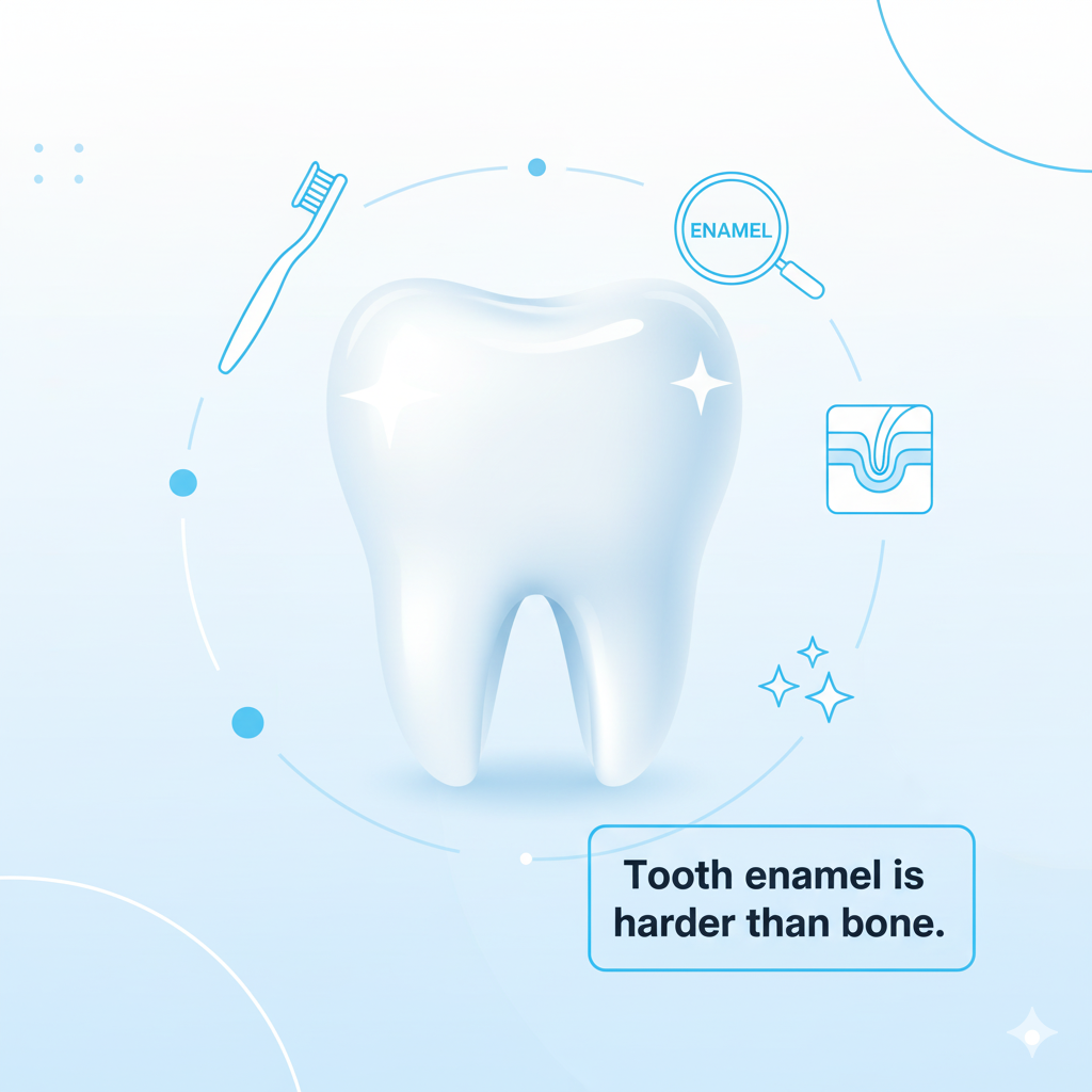 shiny tooth, surrounded by small icons (toothbrush, enamel, sparkle) A clean infographic-style image of a shiny tooth, surrounded by small icons (toothbrush, enamel, sparkle), with text space for a dental fact like “Tooth enamel is harder than bone.” Modern dental clinic vibe, white and sky-blue tones.