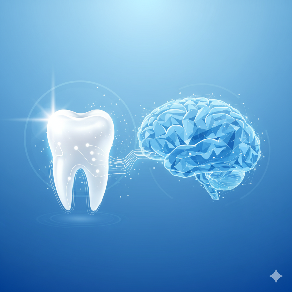 glowing white tooth connected to a stylized brain illustration with light beams or neural lines A glowing white tooth connected to a stylized brain illustration with light beams or neural lines, clean medical-style composition, blue gradient background.