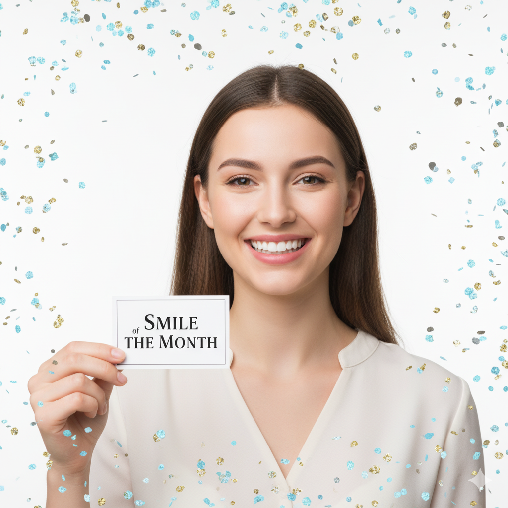Professional portrait of smiling patient holding a small “Smile of the Month” card Professional portrait of smiling patient holding a small “Smile of the Month” card, bright white background, confetti or sparkles around the border, warm and proud energy.