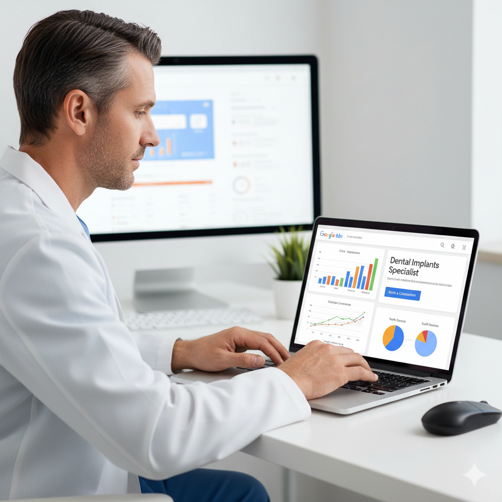 digital marketing dashboard showing Google Ads performance A digital marketing dashboard showing Google Ads performance charts, ad with text “Book a Consultation – Dental Implants Specialist.” Dentist analyzing results on laptop, modern tech-focused environment, clean compositio