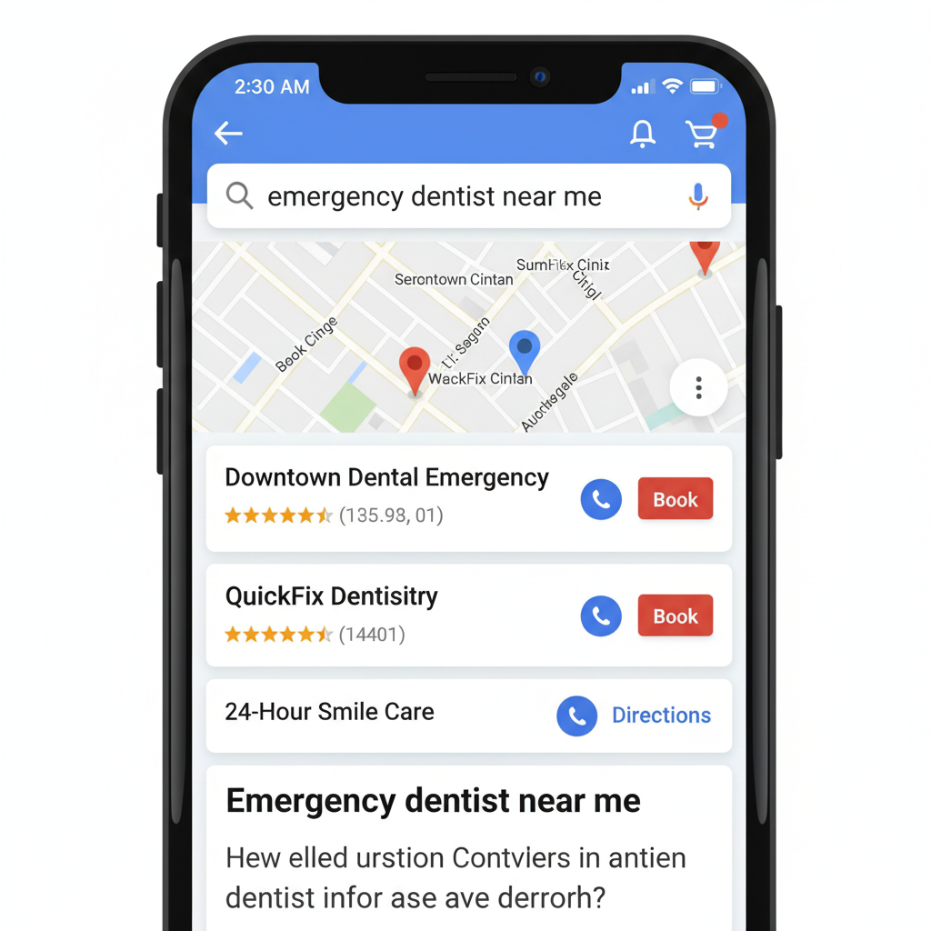 Google search screen showing “emergency dentist near me” A Google search screen showing “emergency dentist near me” with map pack and booking buttons visible. Professional design, high-conversion vibe, urgent patient intent mood.