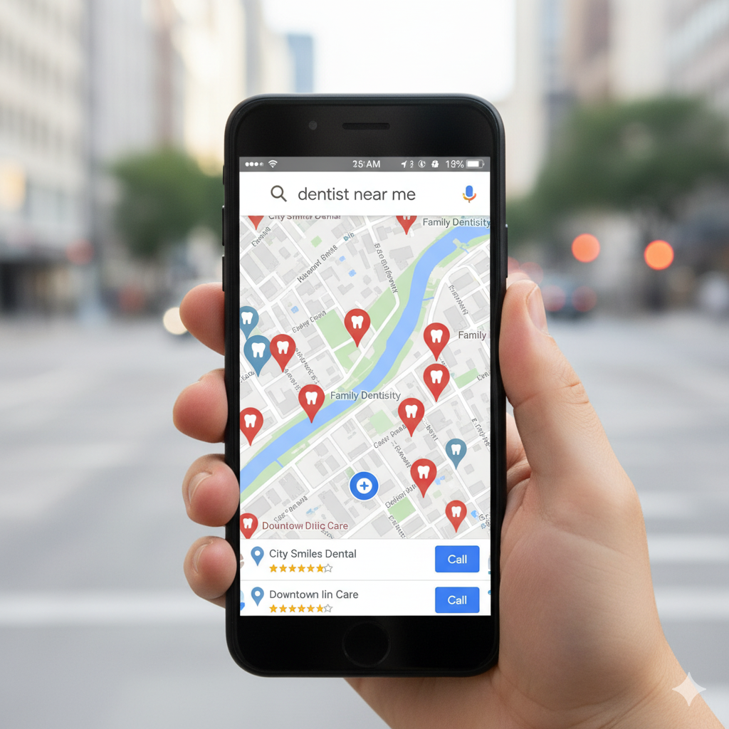 martphone with Google Maps open, showing “dentist near me” A smartphone with Google Maps open, showing “dentist near me” with multiple nearby clinics marked. Clean city background, local SEO theme.