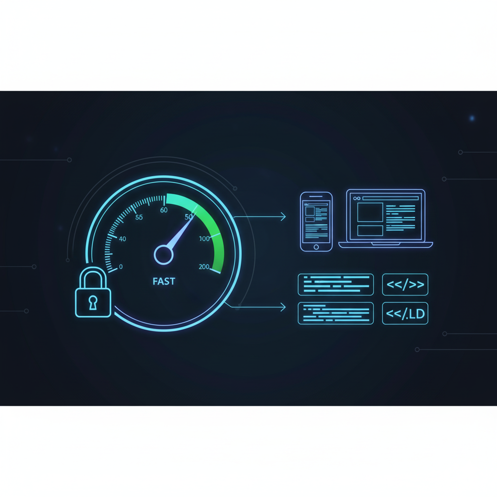 glowing website speedometer, SSL lock icon, mobile responsive screens, and clean schema code symbols A glowing website speedometer, SSL lock icon, mobile responsive screens, and clean schema code symbols; futuristic but clean technical design.