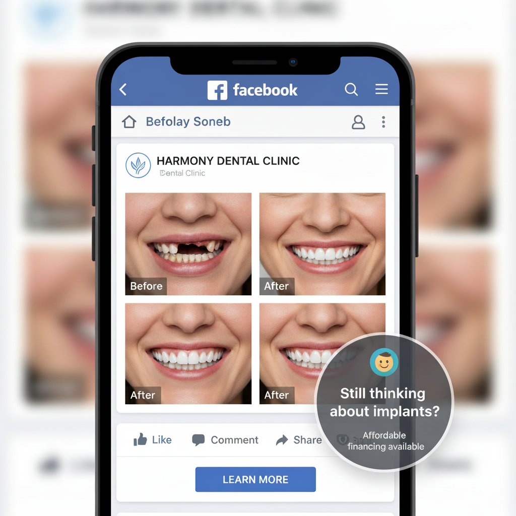 carousel of before/after smile transformations on Facebook A carousel of before/after smile transformations on Facebook; retargeting ad bubble with text “Still thinking about implants? Affordable financing available.”