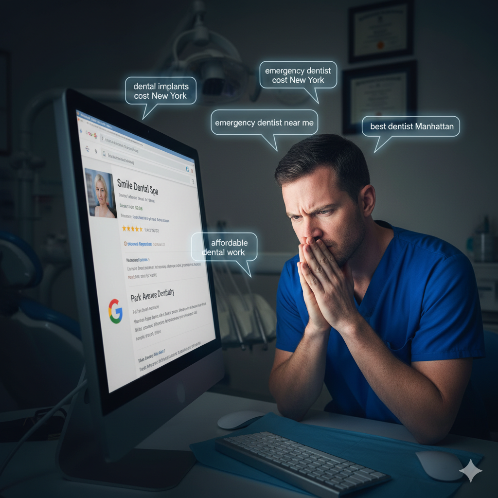 frustrated dentist looking at Google search results A frustrated dentist looking at Google search results, watching a competitor’s clinic rank above theirs; search queries like “dental implants cost New York” and “emergency dentist near me” floating in bubbles around them.