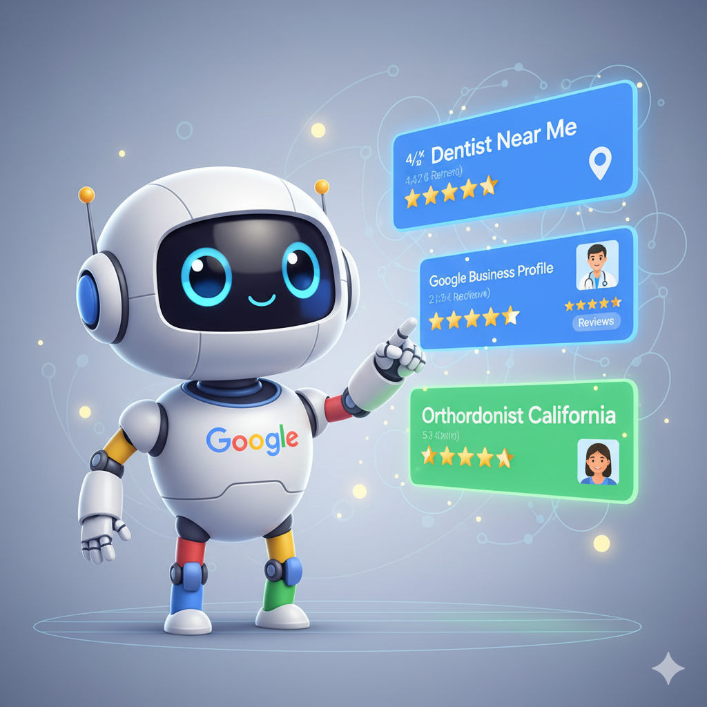Google search engine as a friendly robot pointing to “Dentist Near Me” and “Orthodontist California” results A fun cartoon-style illustration of Google search engine as a friendly robot pointing to “Dentist Near Me” and “Orthodontist California” results, with patient review stars and Google Business Profile card glowing.