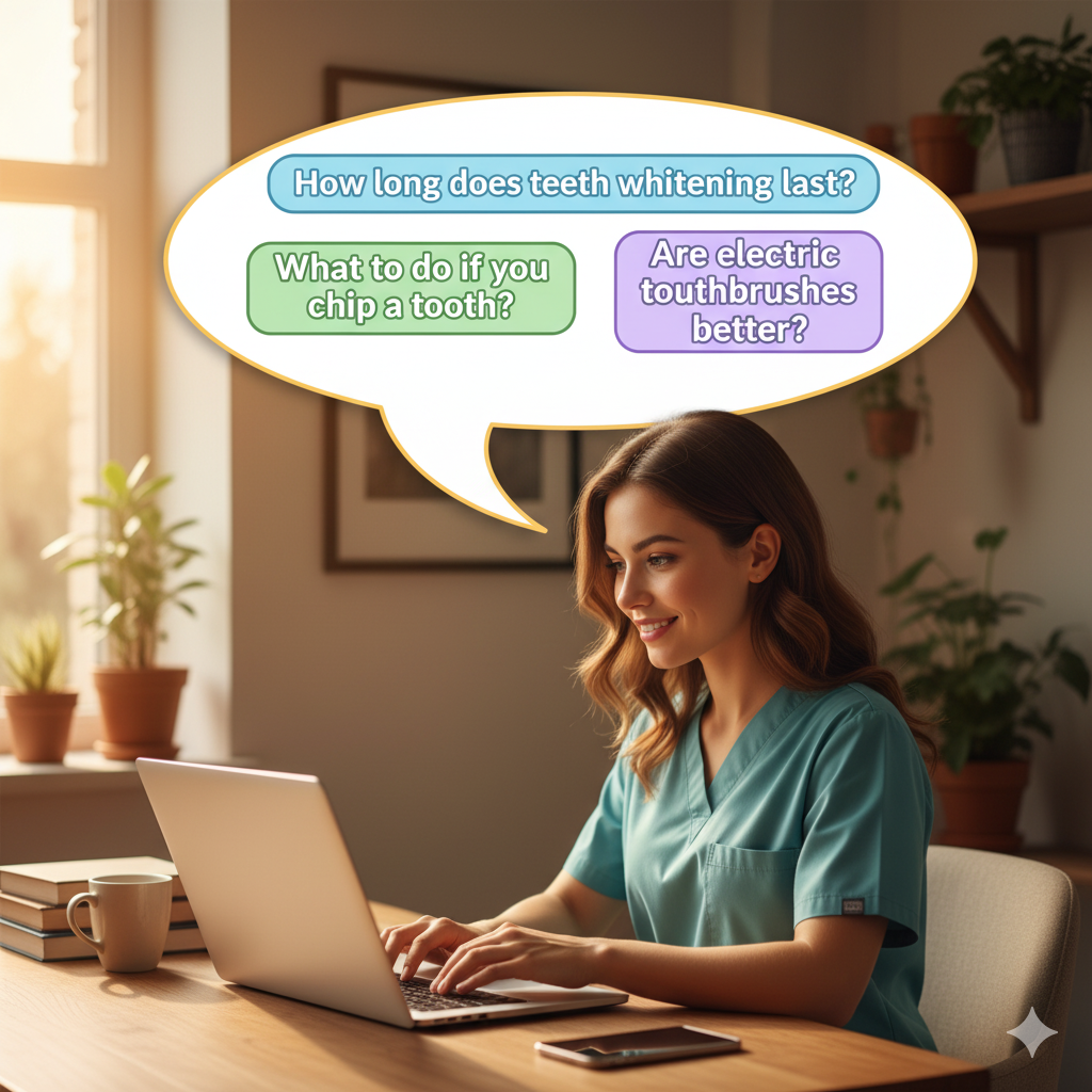 dentist writing a blog post with a speech bubble A dentist writing a blog post with a speech bubble above showing patient-friendly questions like “How long does teeth whitening last?” and “What to do if you chip a tooth?”; warm, conversational vibe.