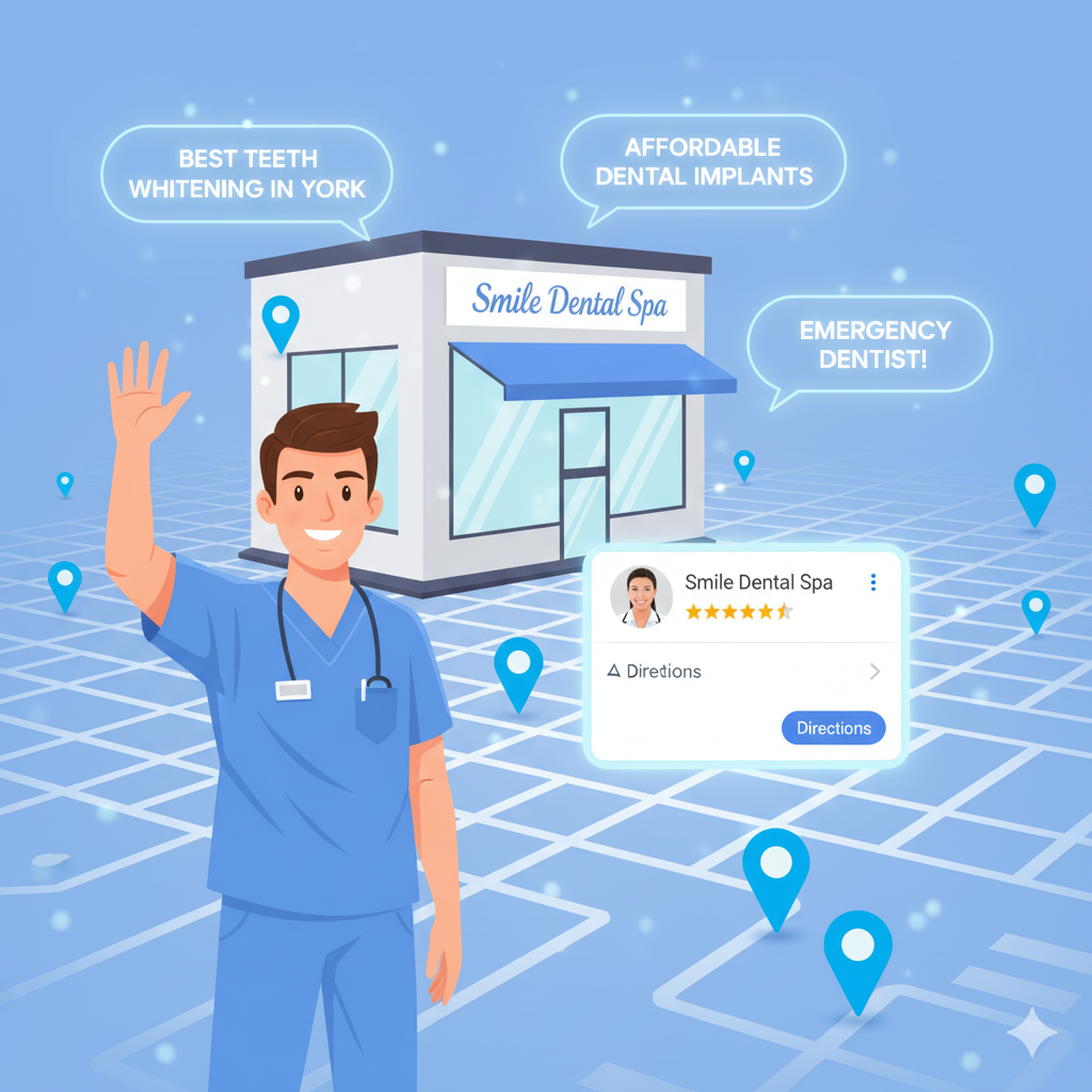 A map with location pins, glowing Google Maps card of a dental office, and a dentist waving in front of their clinic; text bubbles like “Best Teeth Whitening in [City]” floating around.