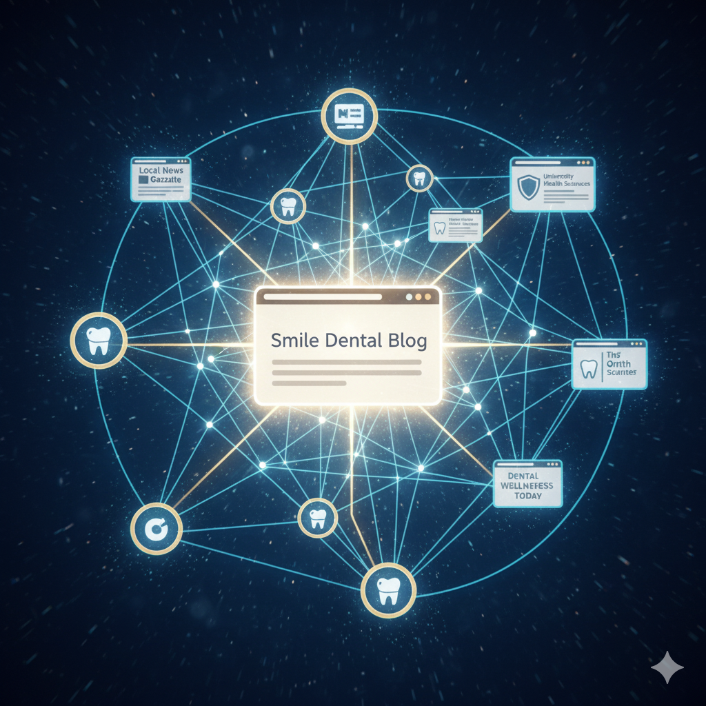 web of glowing backlinks connecting dental blogs A web of glowing backlinks connecting dental blogs, local news sites, and schools; in the center, a shining dental blog page symbolizing authority; trust and referrals visually emphasized.