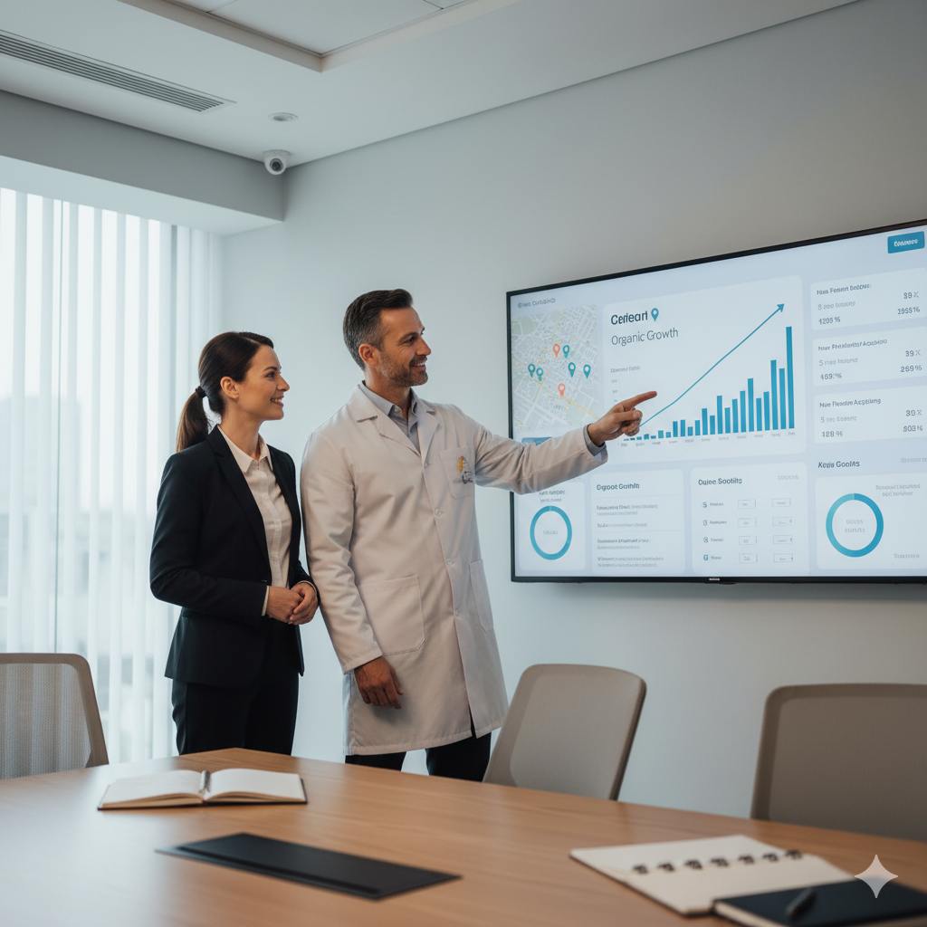Meeting room: dentist and agency consultant pointing at a large screen showing analytics, local rankings and a growth chart; collaborative, professional, warm lighting, mid-shot.