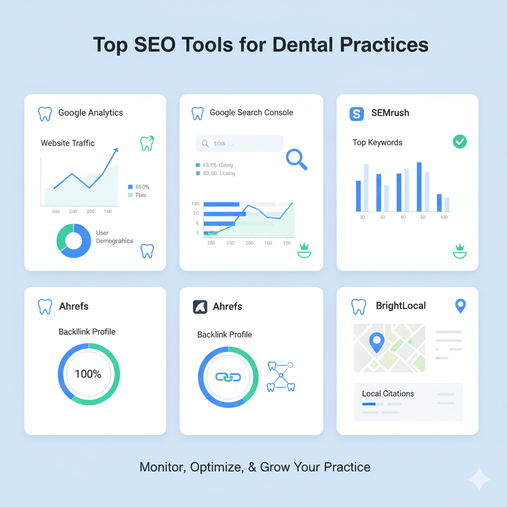 Dashboard-style infographic showing popular SEO tools Dashboard-style infographic showing popular SEO tools — Google Analytics, Search Console, SEMrush, Ahrefs, BrightLocal — with charts, magnifying glass, and dental branding icons.