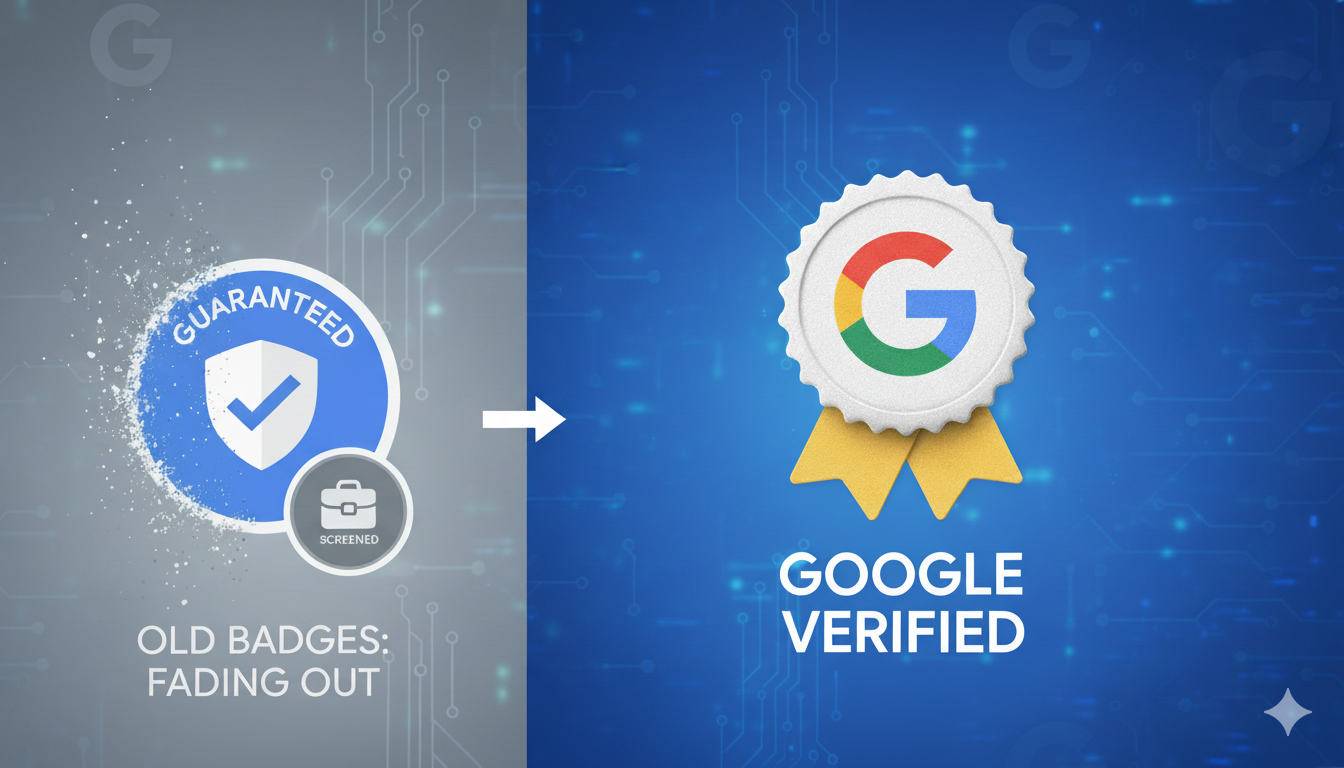 Illustration showing old Google Guaranteed / Screened badges fading out and a new glowing ‘Google Verified’ badge replacing them