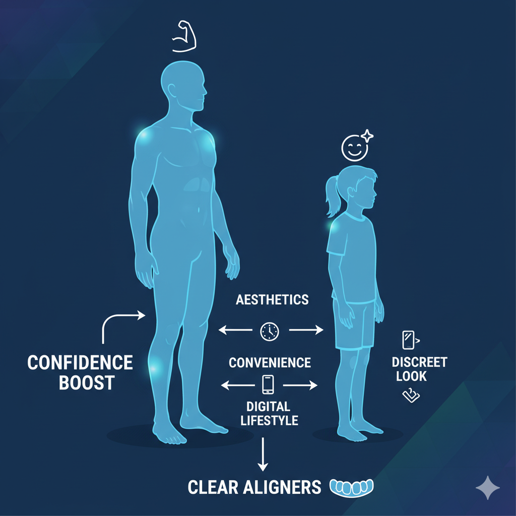 Infographic showing a silhouette of adult and teen patients with icons for confidence, aesthetics, convenience, and digital lifestyle — arrows pointing to phrases like ‘confidence boost,’ ‘clear aligners,’ ‘discreet look.