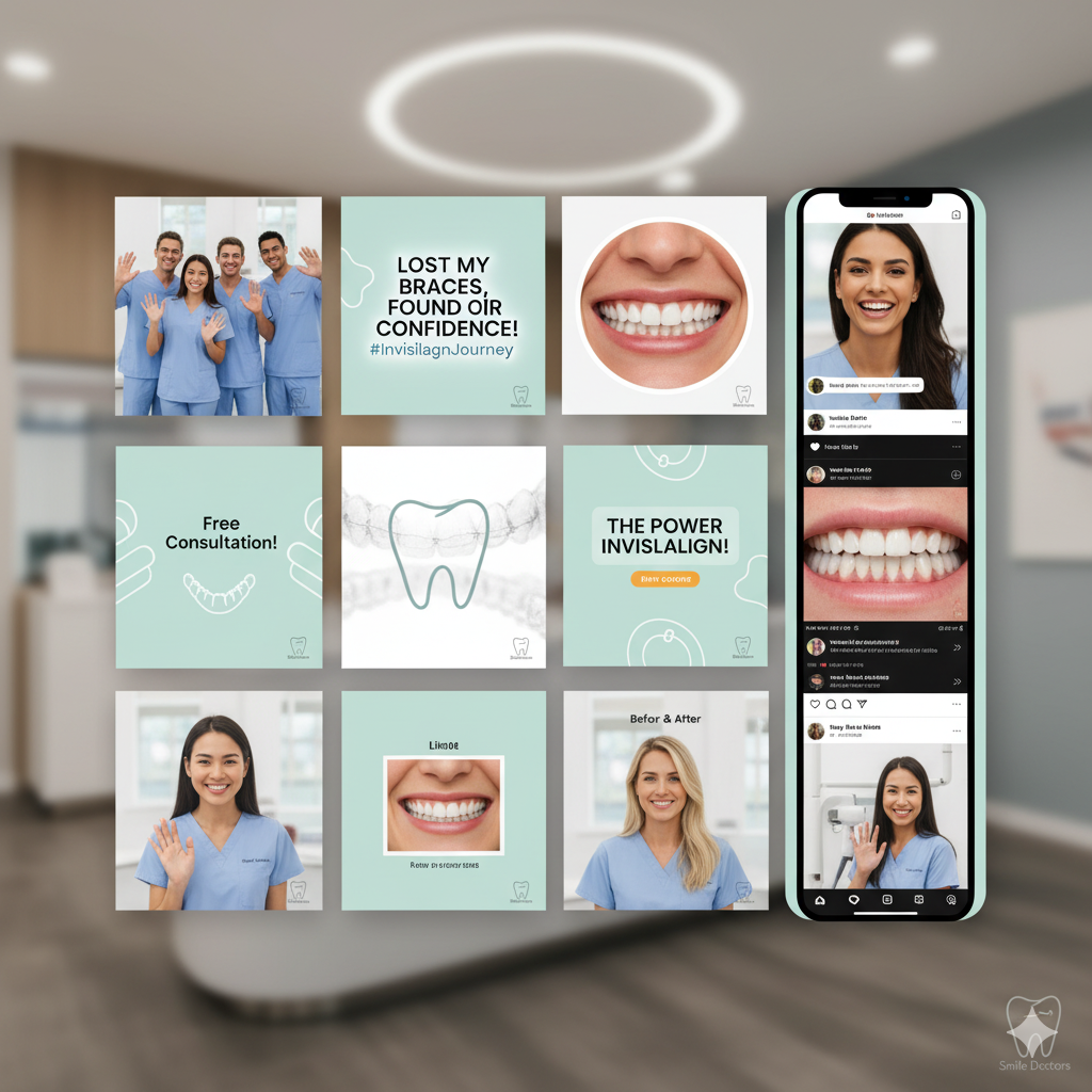 Collage of Instagram posts and TikTok videos showing orthodontist team, Invisalign timelapse transformations, and patient smiles — warm, approachable tone with clinic logo watermark