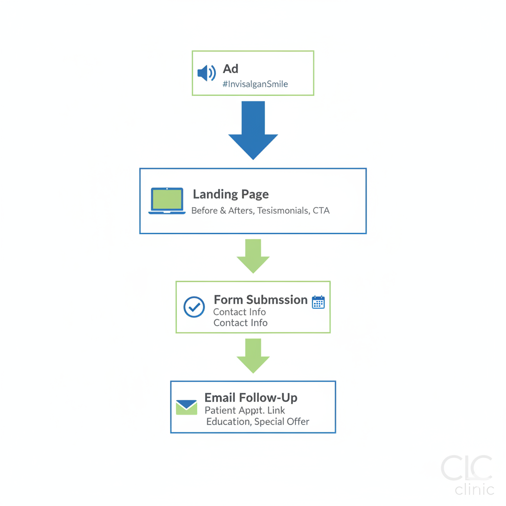 Flowchart diagram of Invisalign marketing funnel — Ad → Landing Page → Form Submission → Thank-You Page → Email Follow-Up — clean, professional arrows and icons