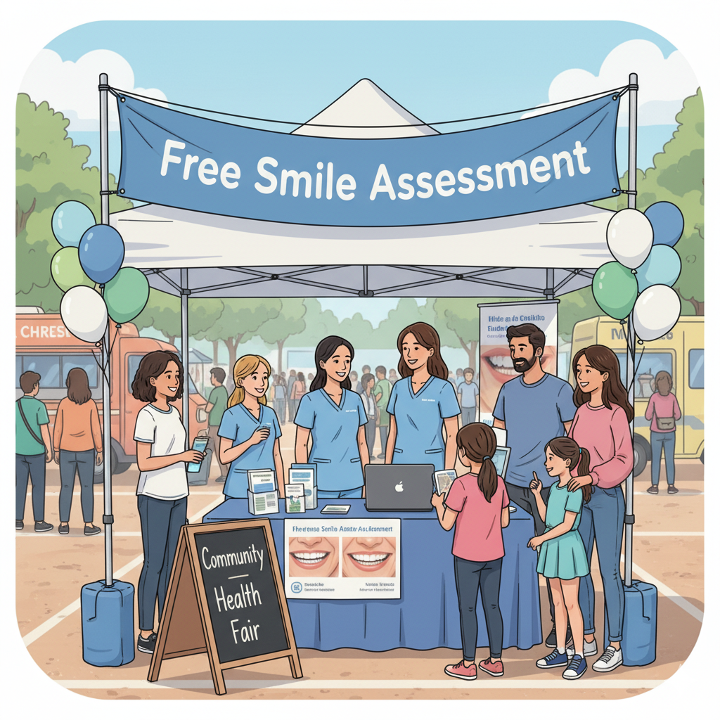 Photo-style illustration of a community event — orthodontist booth with banner ‘Free Smile Assessment’ — families interacting, clinic staff smiling, balloons, and local event signs.