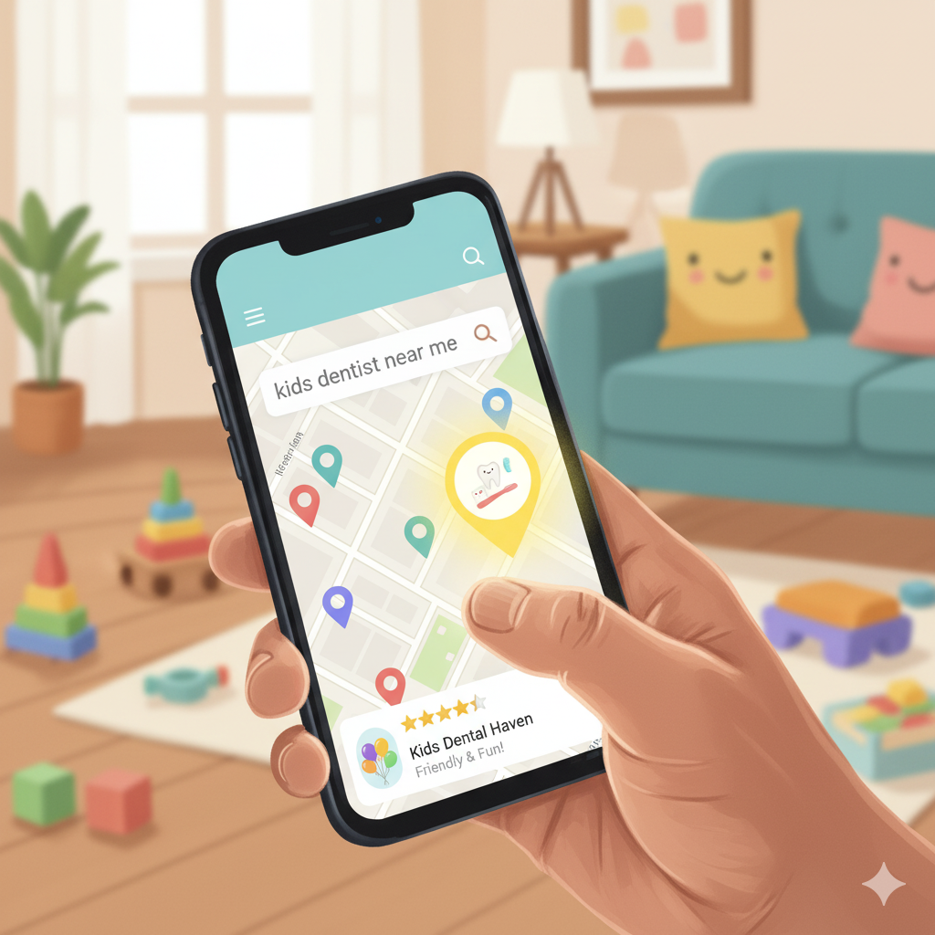 parent on their phone searching “kids dentist near me” with map pins popping up nearby Illustration of a parent on their phone searching “kids dentist near me” with map pins popping up nearby; one pin glowing brighter with 5-star reviews and kid-friendly visuals (balloons, toothbrush icons, soft pastel colors).