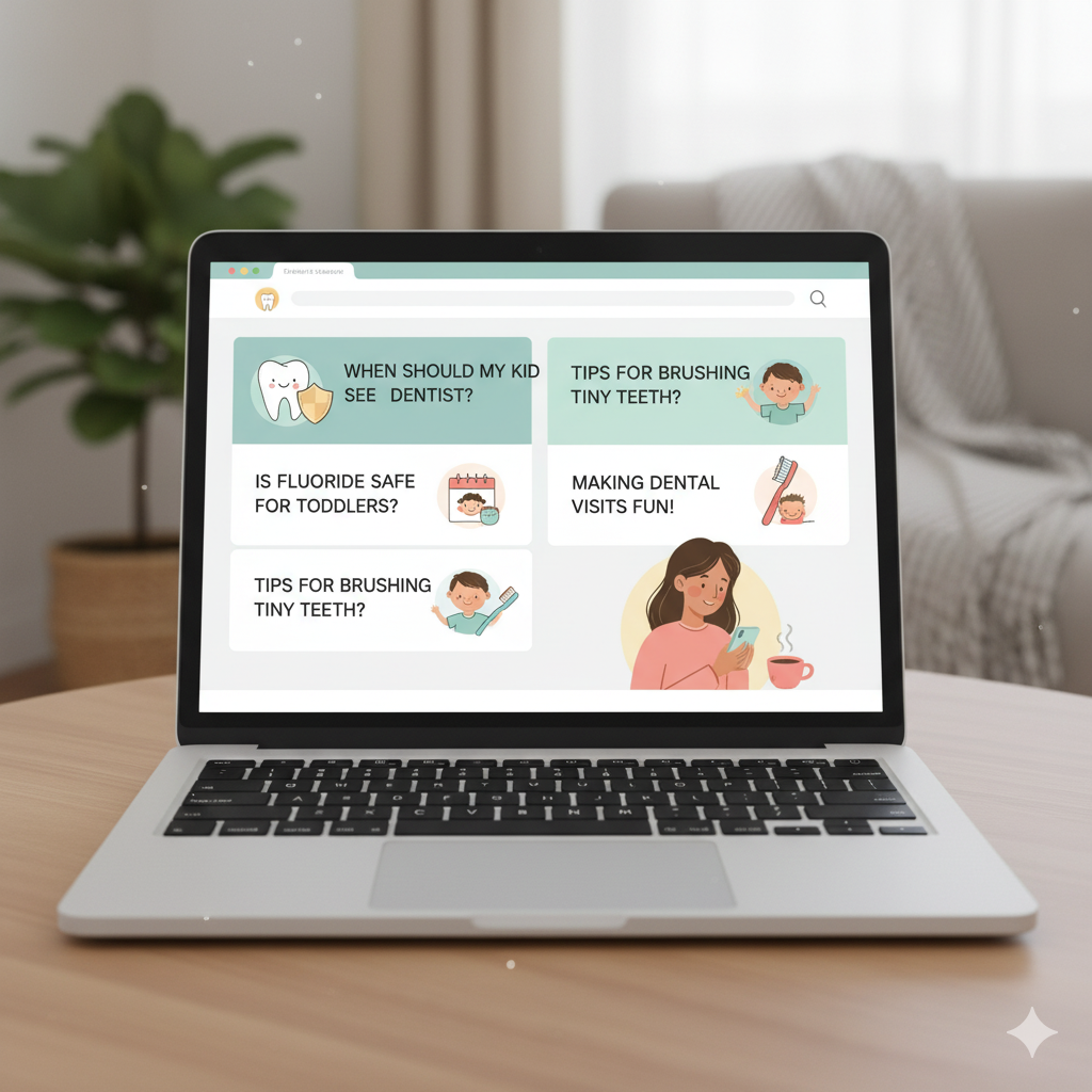 Open laptop showing blog titles like “When Should My Kid See a Dentist?” etc Open laptop showing blog titles like “When Should My Kid See a Dentist?” and “Is Fluoride Safe for Toddlers?”
Add icons of a parent reading on phone with a coffee cup