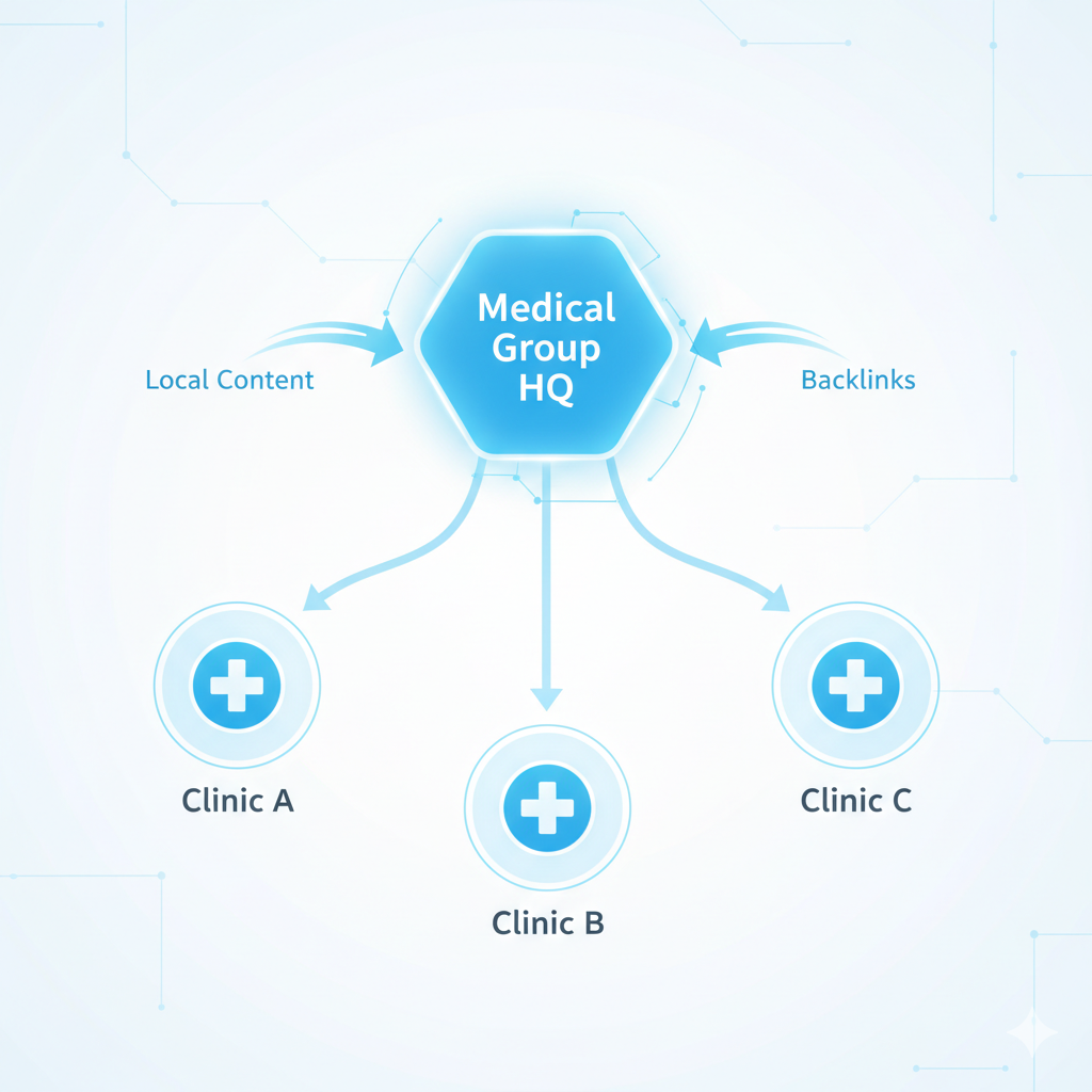 Visual showing one central brand branching into multiple Google Business Profiles Visual showing one central brand branching into multiple Google Business Profiles — icons for ‘Clinic A,’ ‘Clinic B,’ ‘Clinic C.’ Arrows labeled ‘Local Content,’ ‘Reviews,’ ‘Backlinks.’