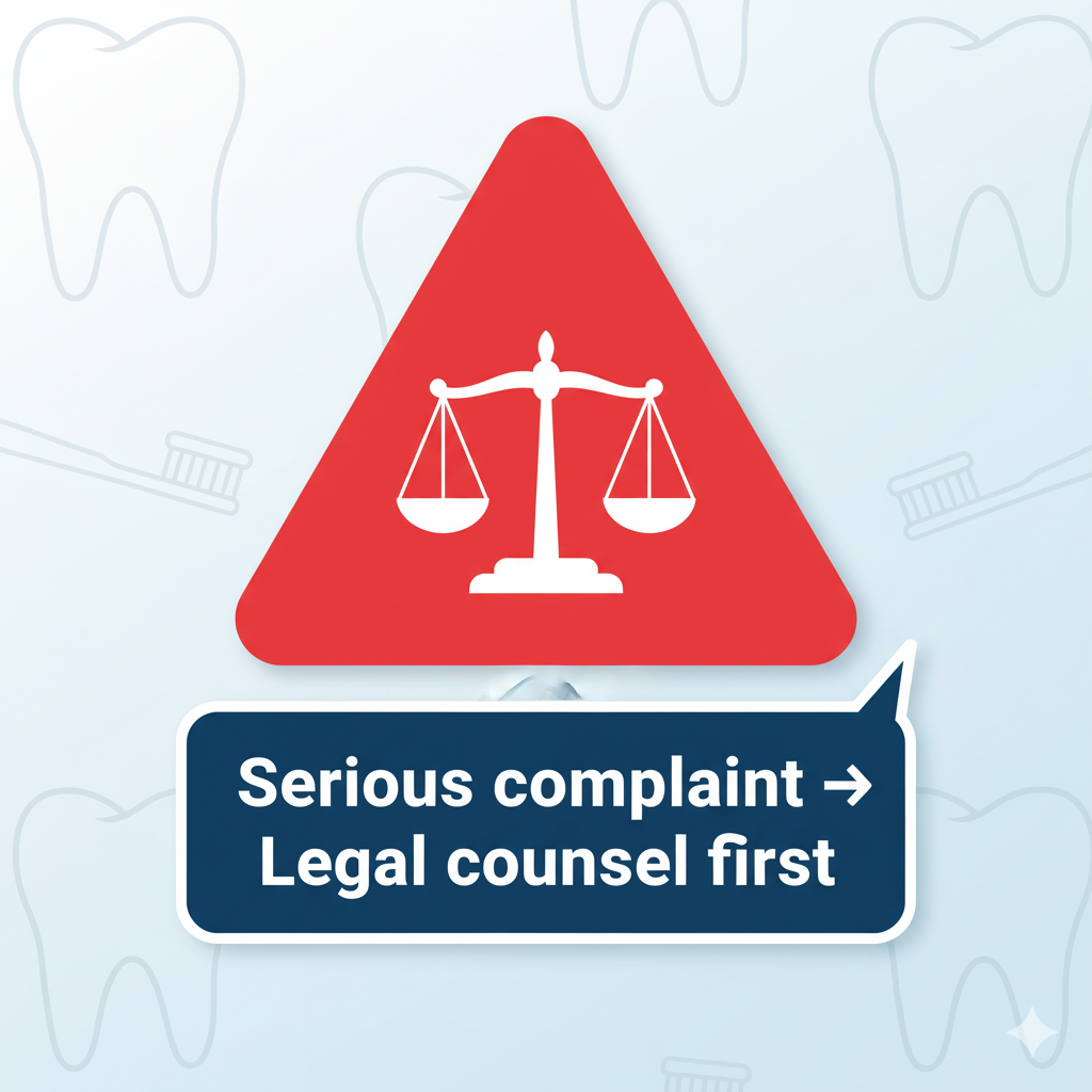 Red triangle warning with scales of justice icon — caption “Serious complaint → Legal counsel first” Red triangle warning with scales of justice icon — caption “Serious complaint → Legal counsel first”