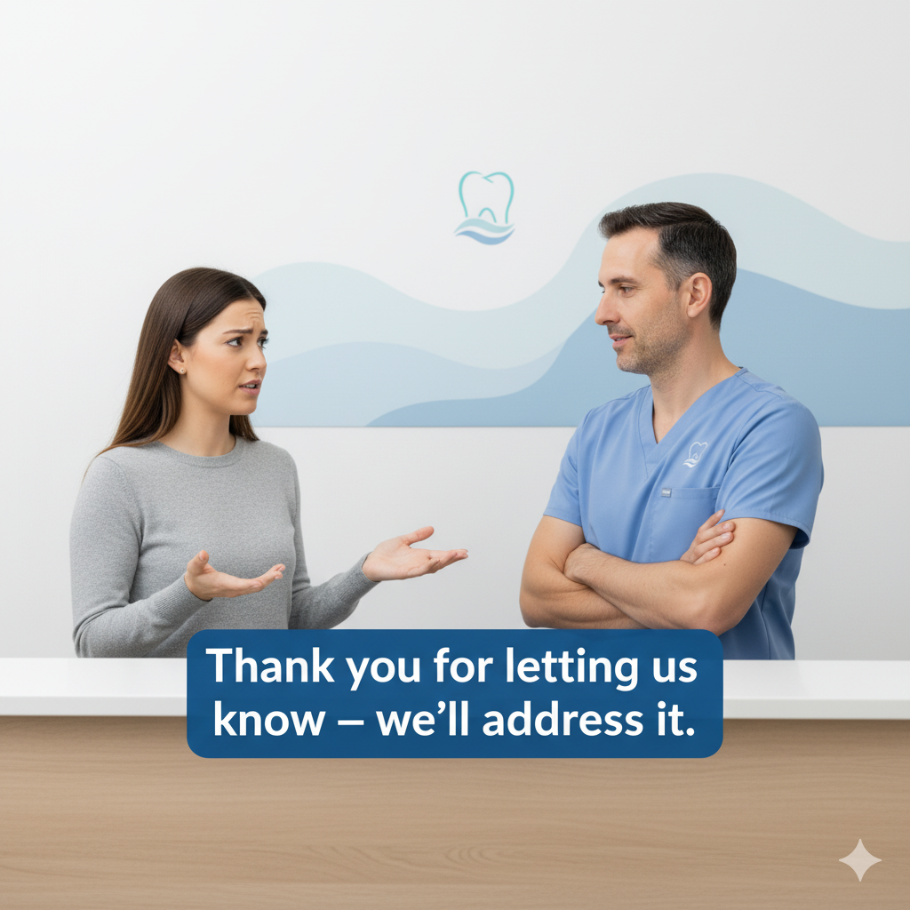 Front desk scene, patient looking unhappy, dentist replying with empathy — text: “Thank you for letting us know — we’ll address it. Front desk scene, patient looking unhappy, dentist replying with empathy — text: “Thank you for letting us know — we’ll address it.