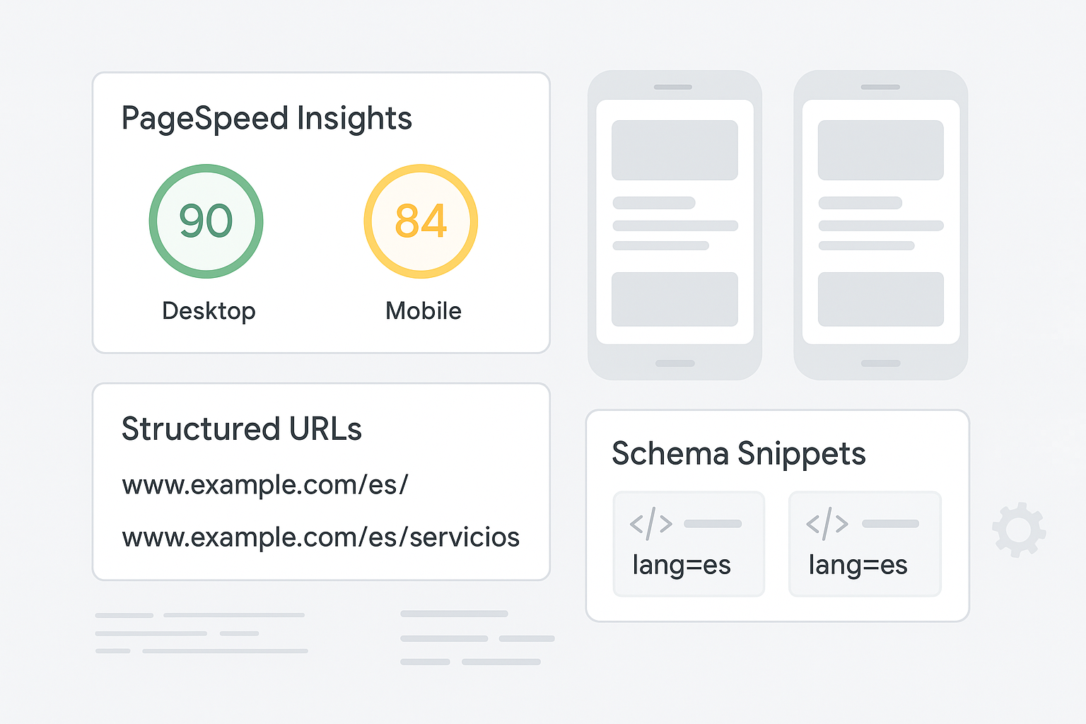 Dashboard view showing PageSpeed Insights scores, mobile mockups, structured URLs, and schema snippets labeled “lang=es.” Include visual cues like gears and code lines. Dashboard view showing PageSpeed Insights scores, mobile mockups, structured URLs, and schema snippets labeled “lang=es.” Include visual cues like gears and code lines.