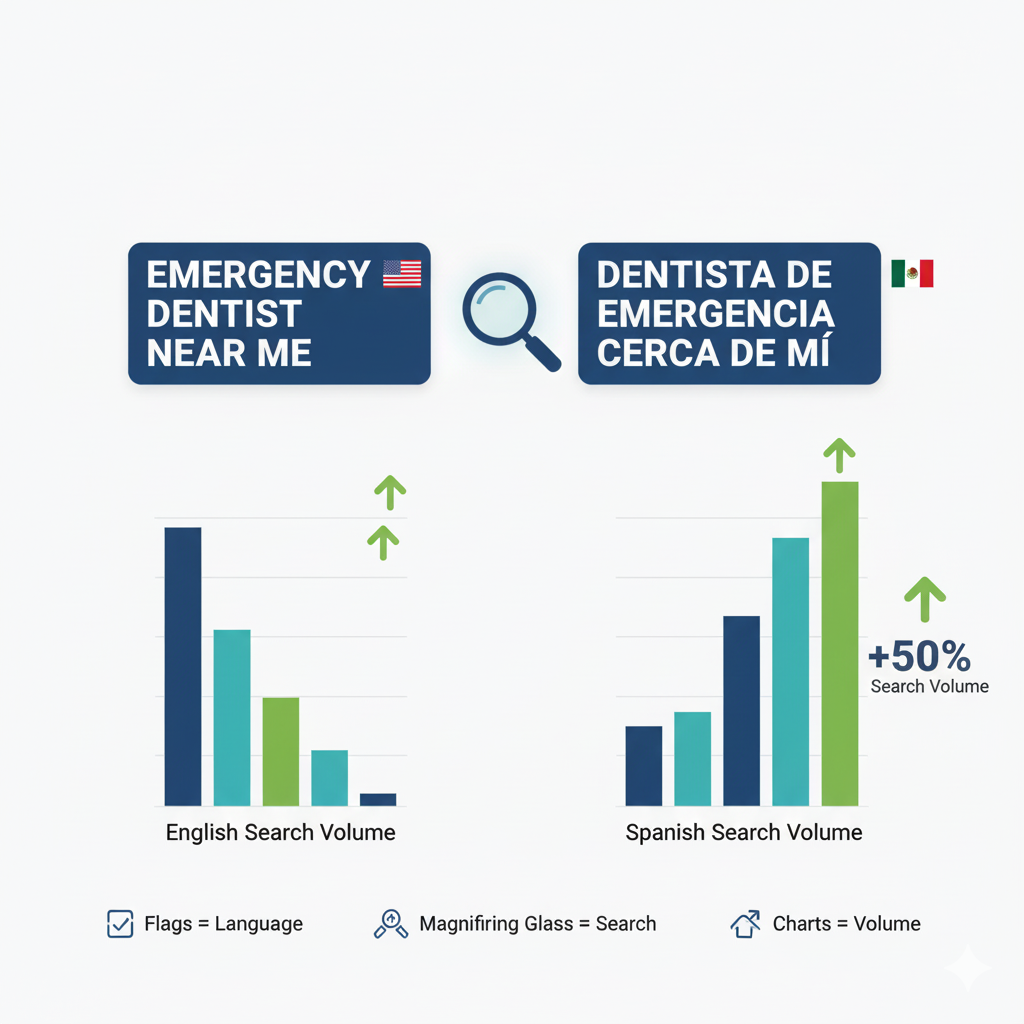 layout comparing English and Spanish keyword boxes (“emergency dentist near me” ↔ “dentista de emergencia cerca de mí”) Infographic-style layout comparing English and Spanish keyword boxes (“emergency dentist near me” ↔ “dentista de emergencia cerca de mí”). Include icons of flags (🇺🇸 + 🇲🇽), a magnifying glass, and charts showing search volume differences.