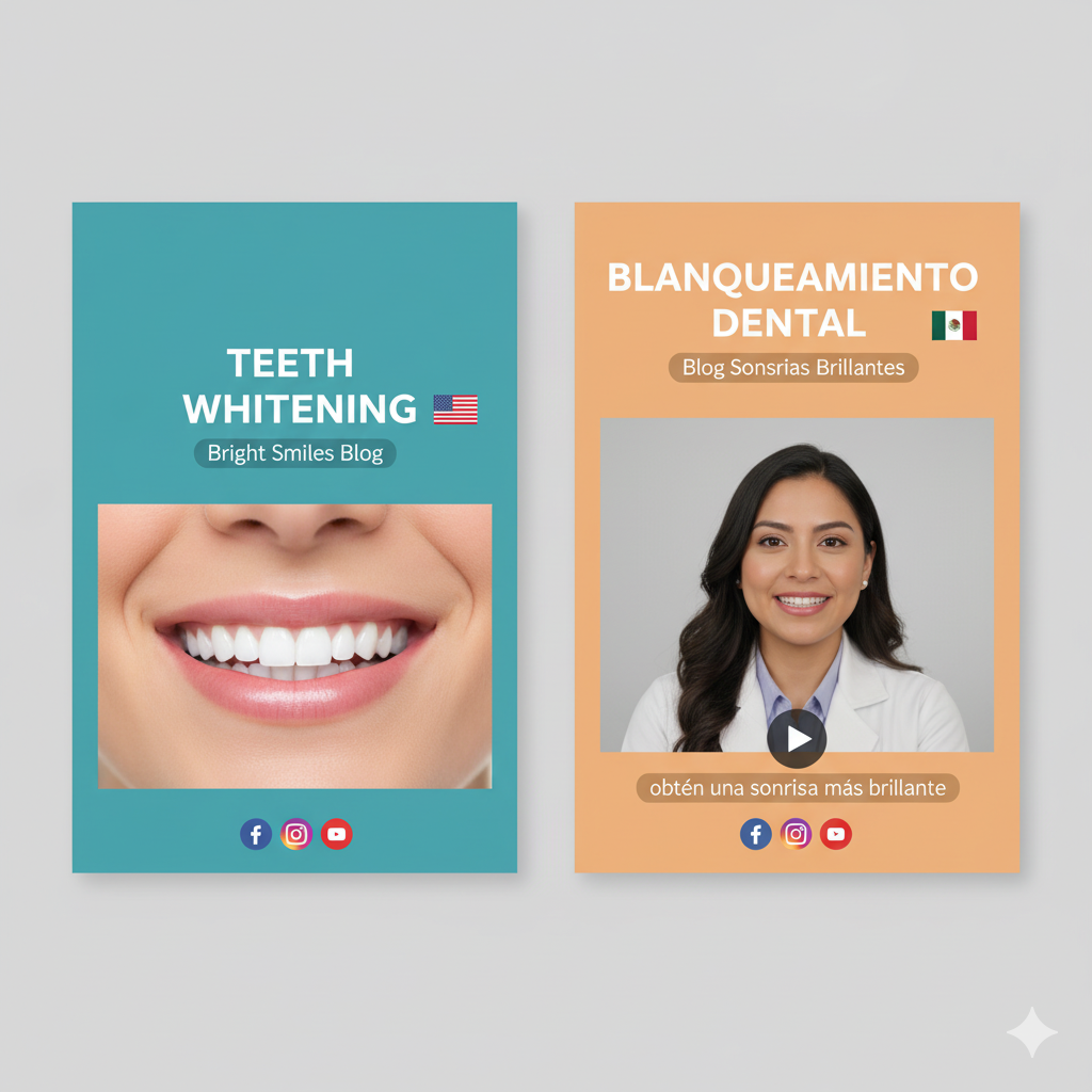 Bilingual blog and video thumbnails — one says “Teeth Whitening” and the other “Blanqueamiento Dental.” Bilingual blog and video thumbnails — one says “Teeth Whitening” and the other “Blanqueamiento Dental.” Dentist talking on camera with Spanish subtitles. Include social media icons and a friendly tone.