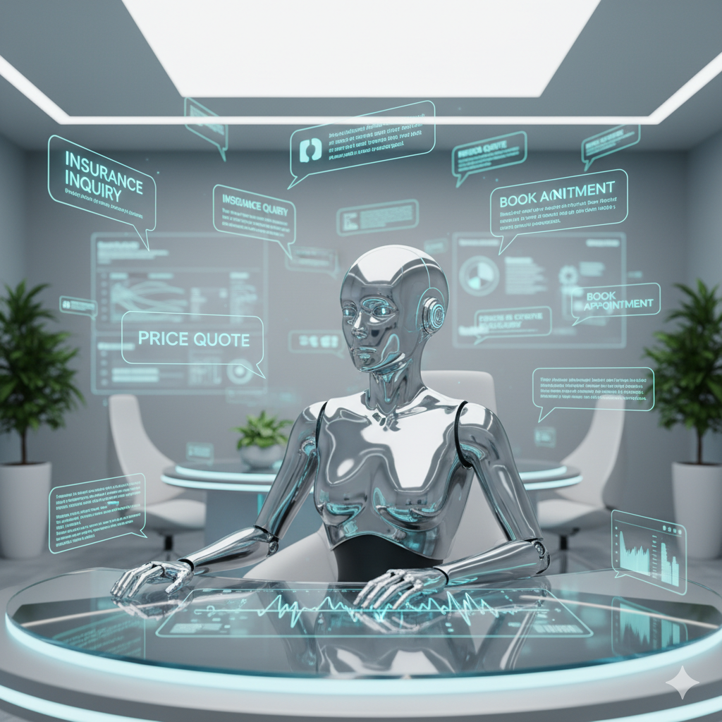 AI assistant visual analyzing recorded dental calls. Floating speech bubbles with phrases like “insurance,” “price,” “book appointment.” Futuristic but clean design with human-friendly aesthetic.