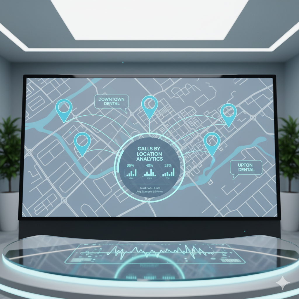 Map view showing multiple dental clinic pins (“Downtown,” “Westside,” “Uptown”), each connected to a centralized analytics dashboard labeled “Calls by Location.” Subtle Google Maps aesthetic.